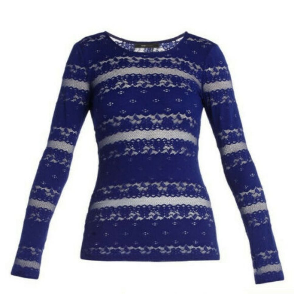 BCBG MaxAzria Long Sleeve Sheer Lace Royal Blue Top Fae Wiley XS